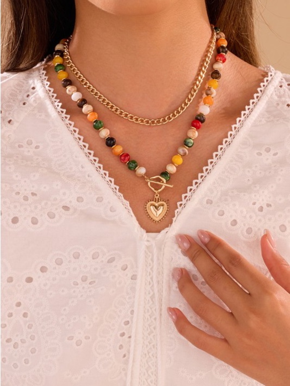 Bohemian Gold Heart Pendant Multicolor Beaded Necklace - Fashion Jewelry